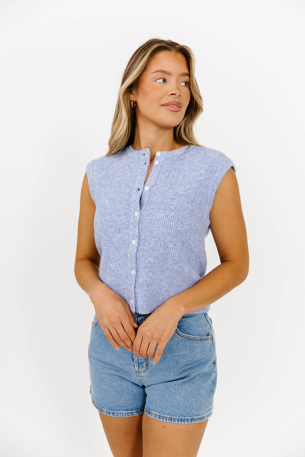 Analeigh Sleeveless Ribbed Knit Vest in Blue