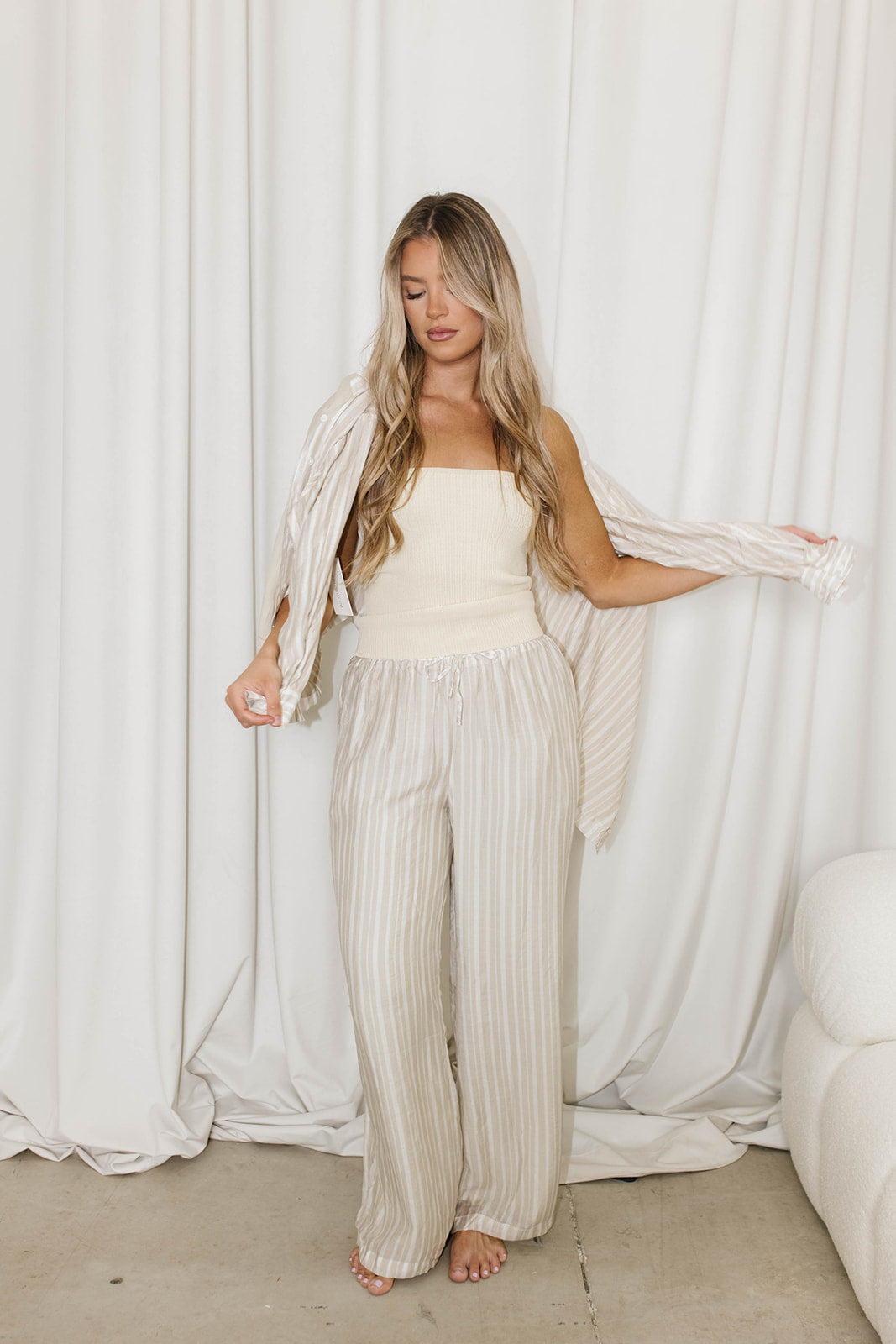 Sloane Striped Button-Down Shirt and Pants Set in Natural - Nursing Friendly