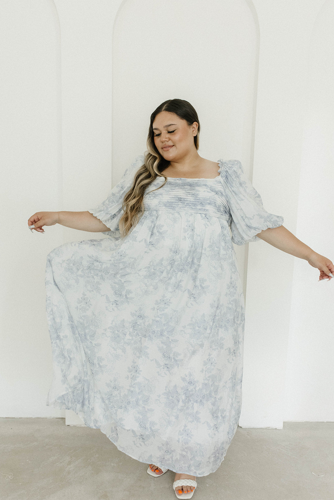 Melody Maxi Dress with Pleats and Bow Detail in Blue Floral - Bump Friendly & Inclusive Sizing (S-3XL)