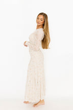 Camille Mesh Gathered Side Seam Maxi Dress in Nude Multi Floral - Bump Friendly