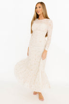 Camille Mesh Gathered Side Seam Maxi Dress in Nude Multi Floral - Bump Friendly