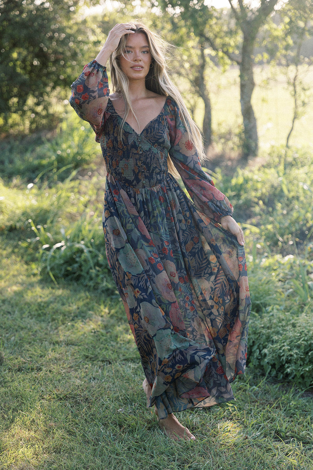 Steph Smocked Button-Front Maxi Dress in Midnight Floral *Final Sale*