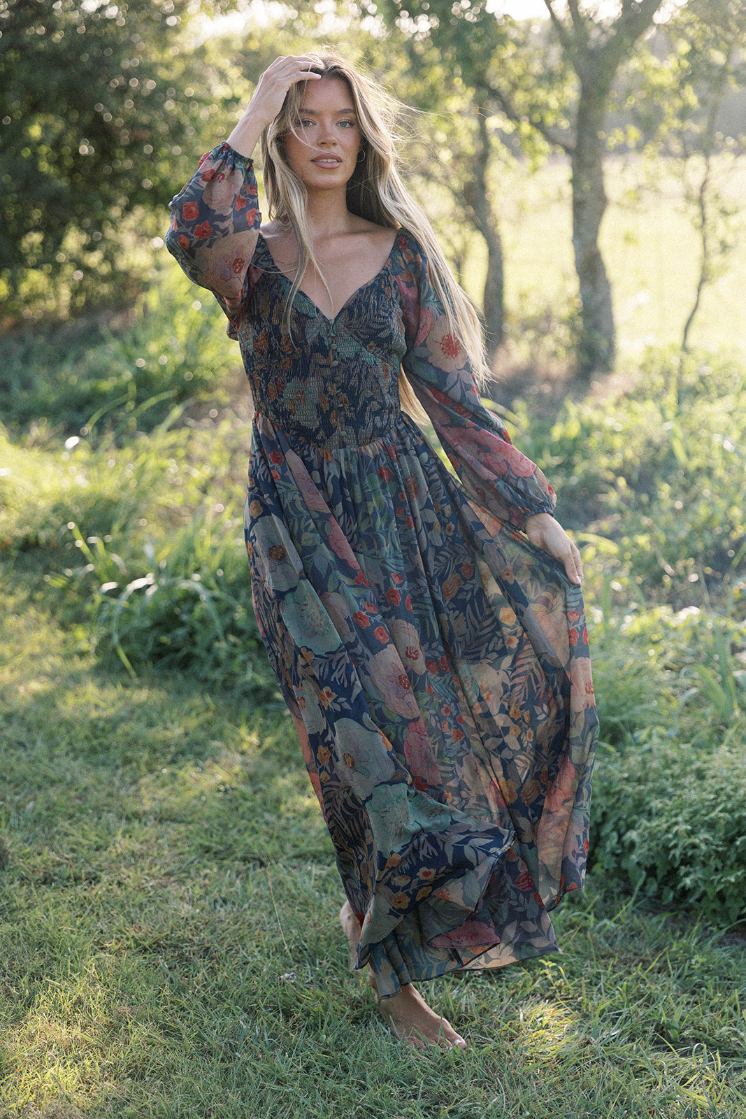 Steph Smocked Button-Front Maxi Dress in Midnight Floral *Final Sale*