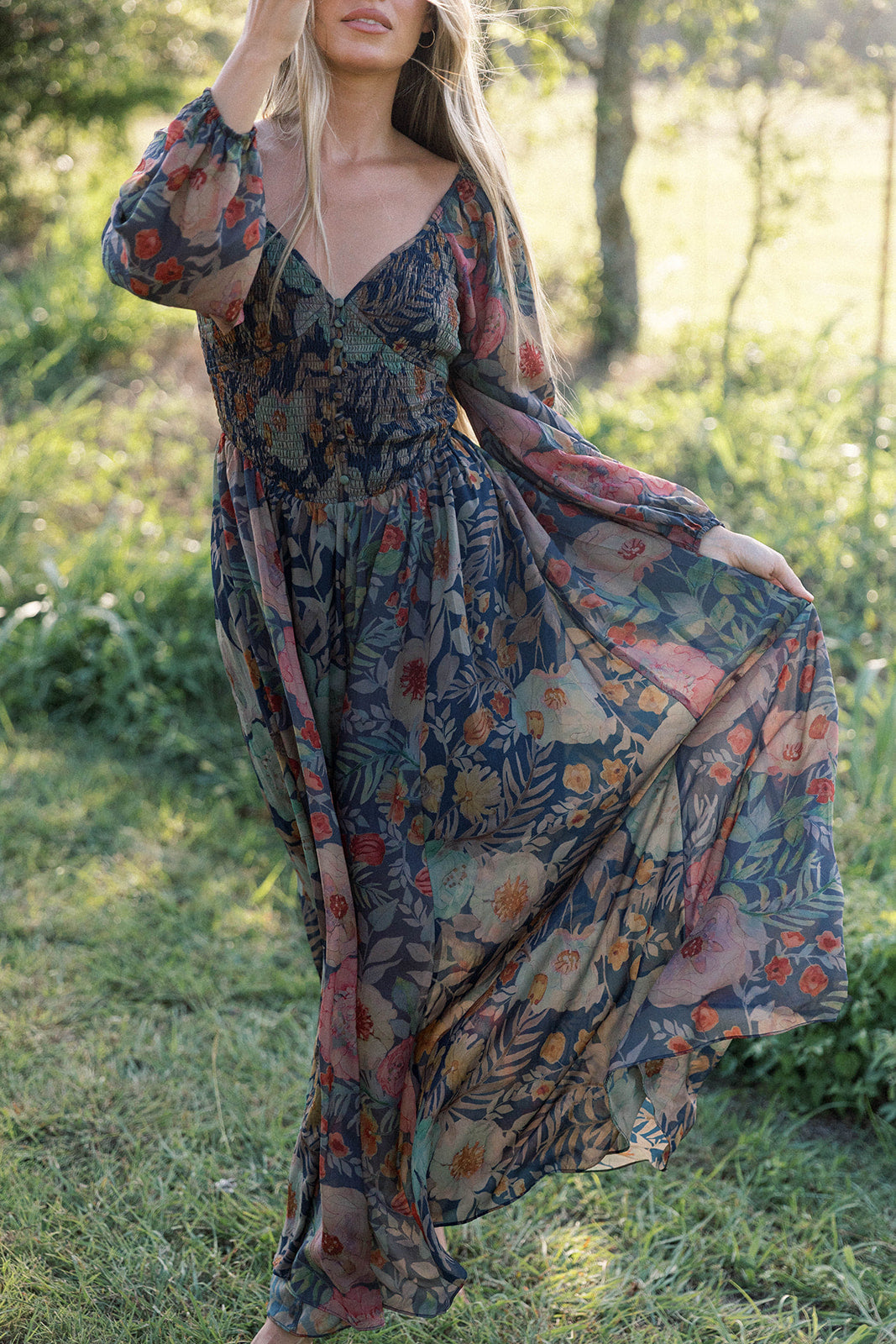 Steph Smocked Button-Front Maxi Dress in Midnight Floral *Final Sale*