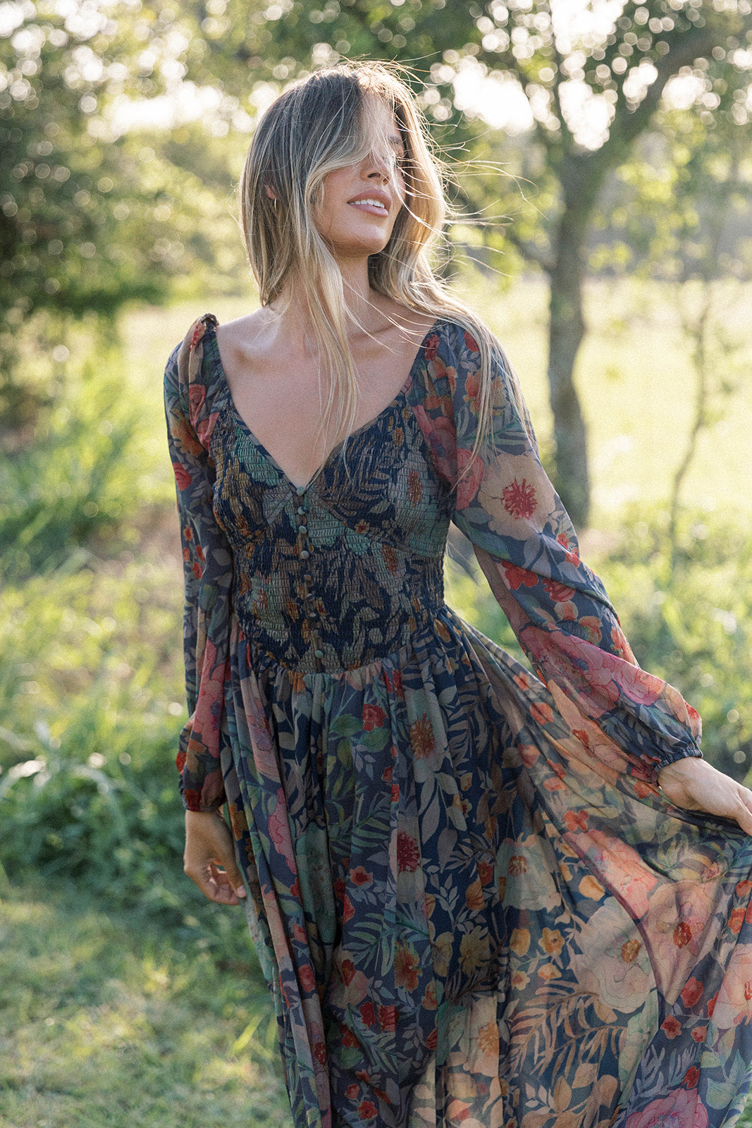 Steph Smocked Button-Front Maxi Dress in Midnight Floral *Final Sale*