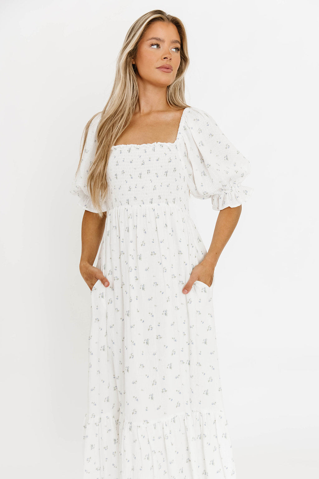 Livvy 100% Cotton Maxi Dress in Off-White / Blue Floral - Bump Friendly & Inclusive Sizing