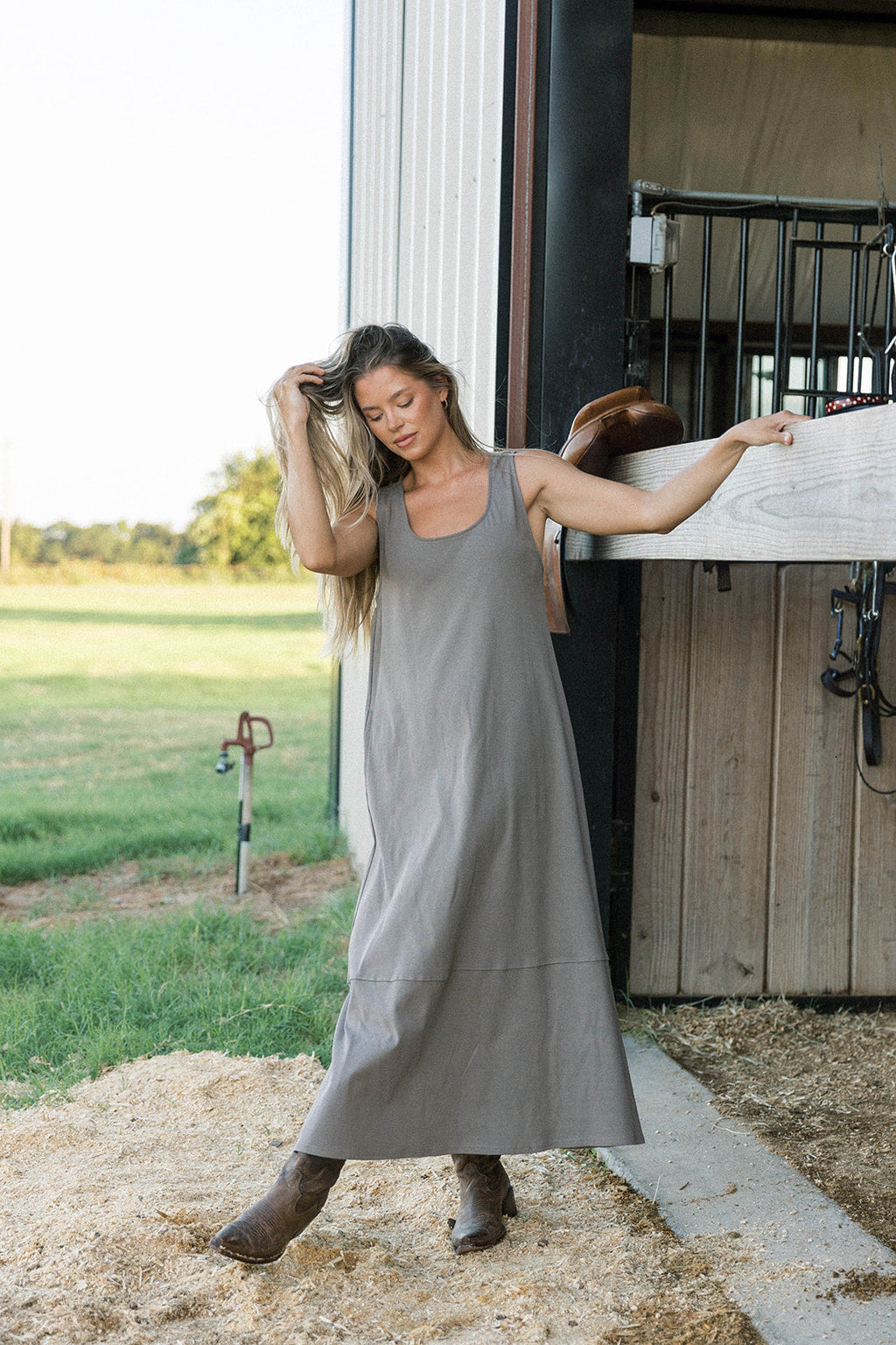 Taryn 100% Cotton Open Back Knit Maxi Dress in Smoke