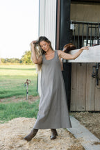 Taryn 100% Cotton Open Back Knit Maxi Dress in Smoke