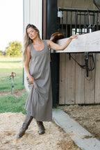Taryn 100% Cotton Open Back Knit Maxi Dress in Smoke