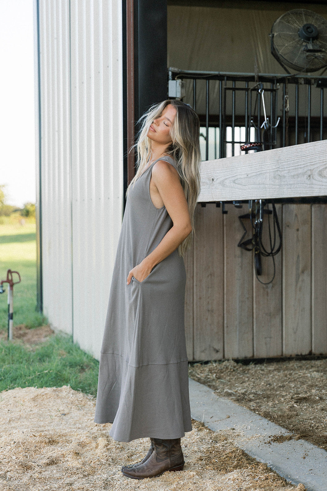 Taryn 100% Cotton Open Back Knit Maxi Dress in Smoke