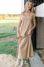 Taryn 100% Cotton Open Back Knit Maxi Dress in Camel