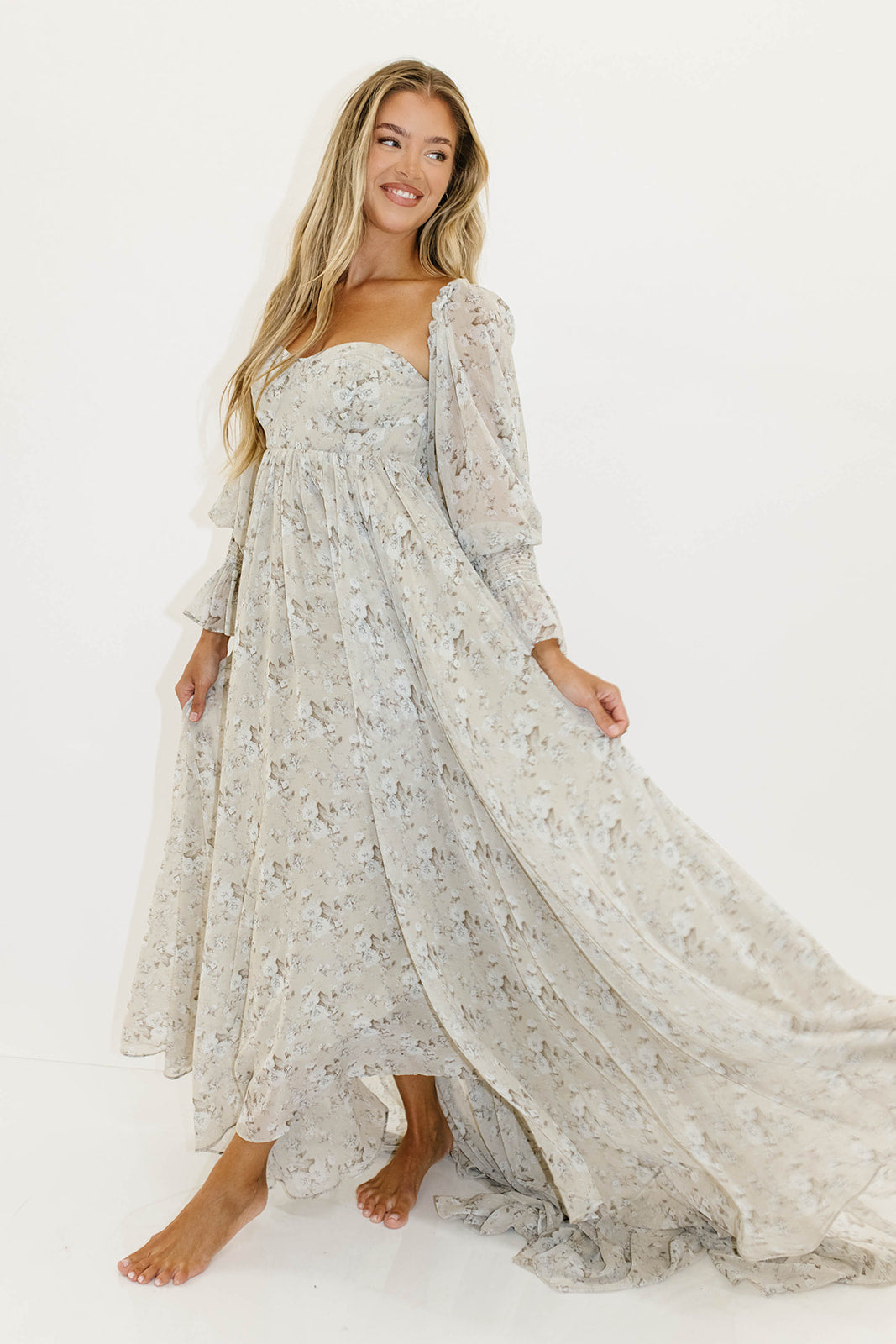 Delilah Maxi Dress with Train in Grey/Blue - Bump Friendly