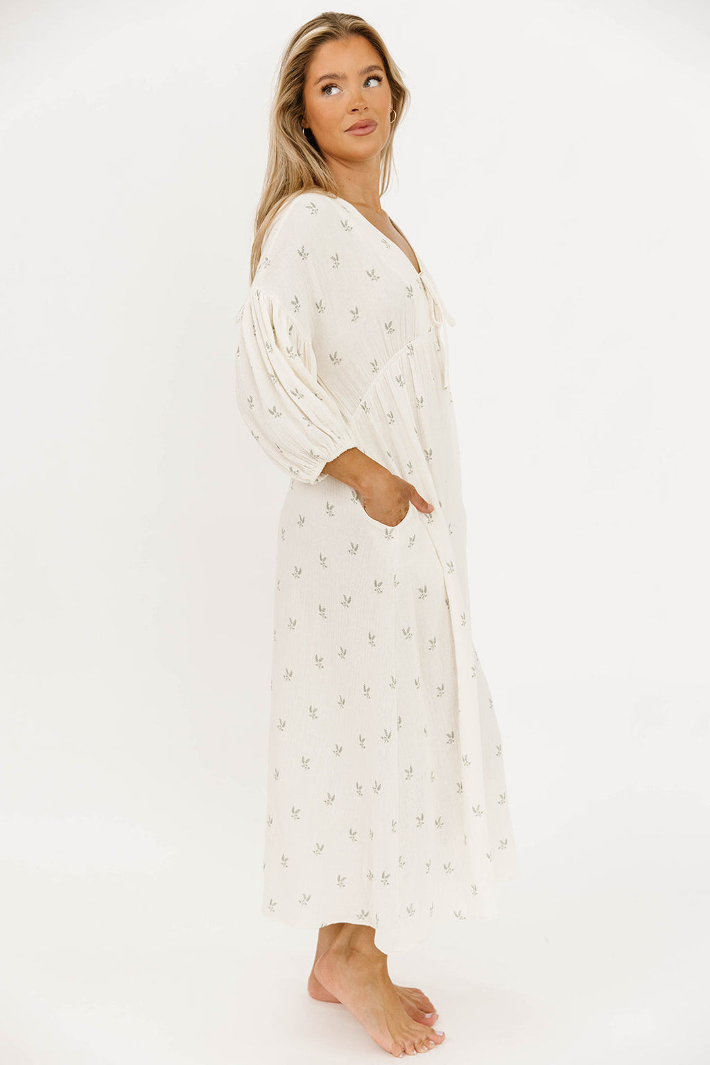 Hunter Midi Dress in Soy/Sage Foliage