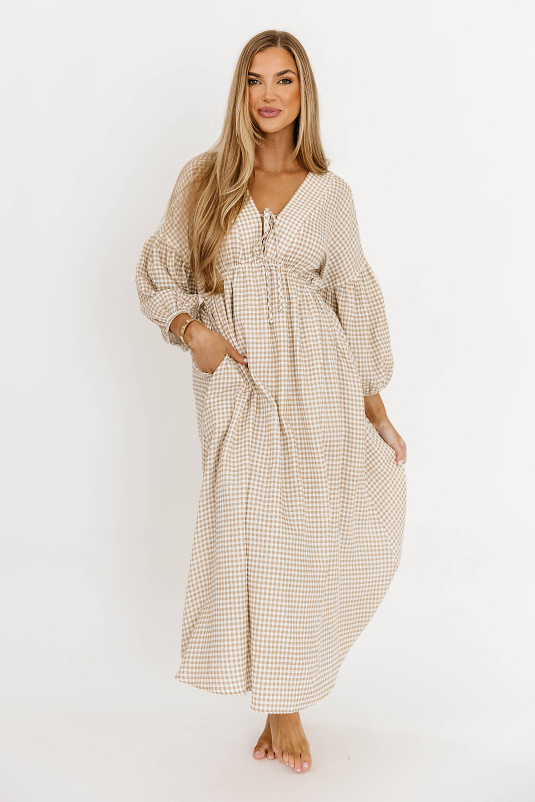 Hunter Printed Gauze Midi Dress in Natural Plaid - Bump Friendly