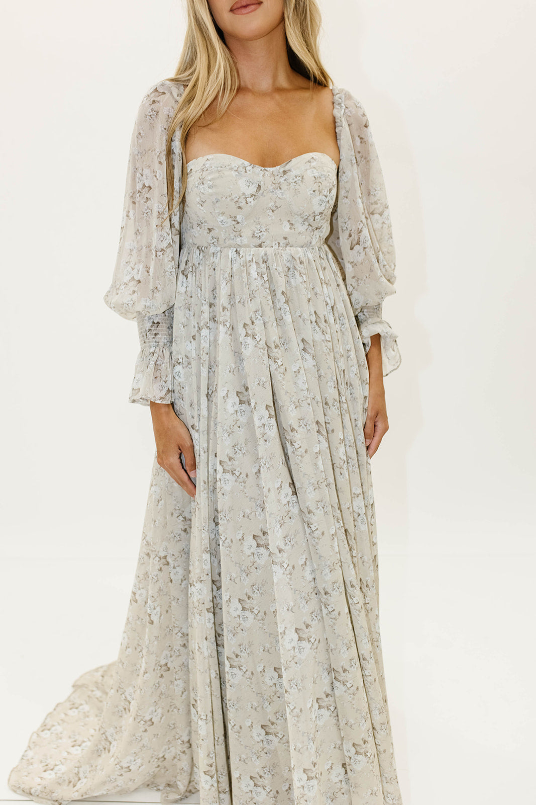 Delilah Maxi Dress with Train in Grey/Blue - Bump Friendly