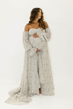 Delilah Maxi Dress with Train in Grey/Blue - Bump Friendly