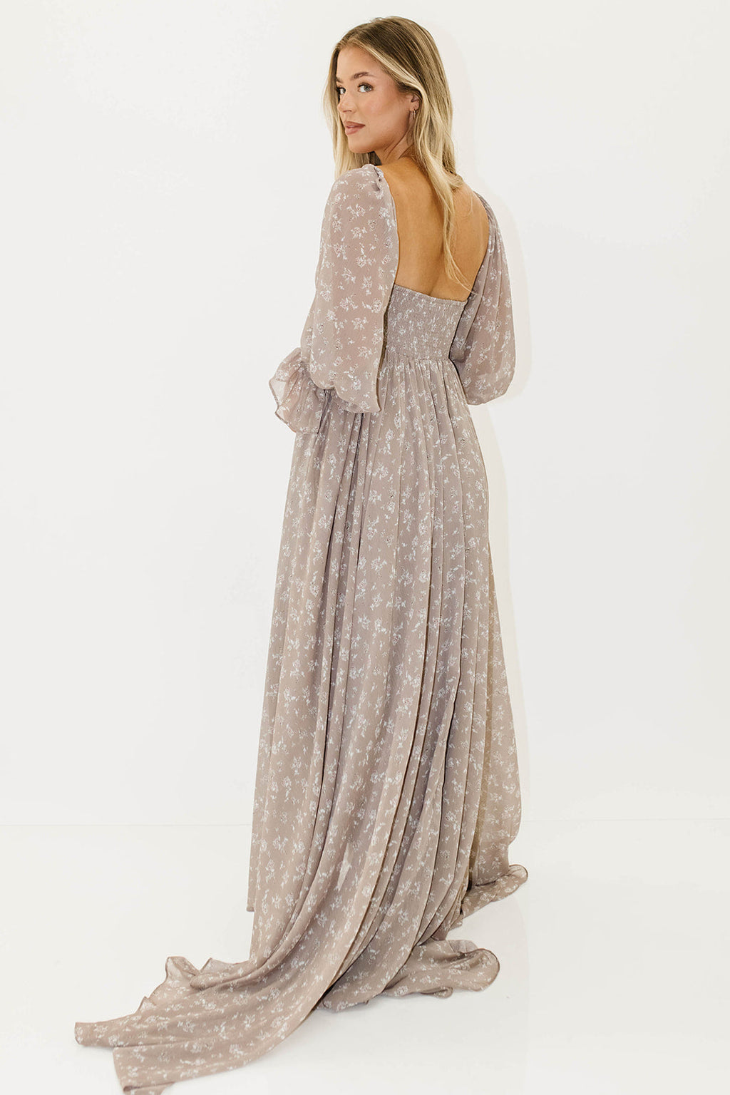 Delilah Maxi Dress with Train in Taupe - Bump Friendly