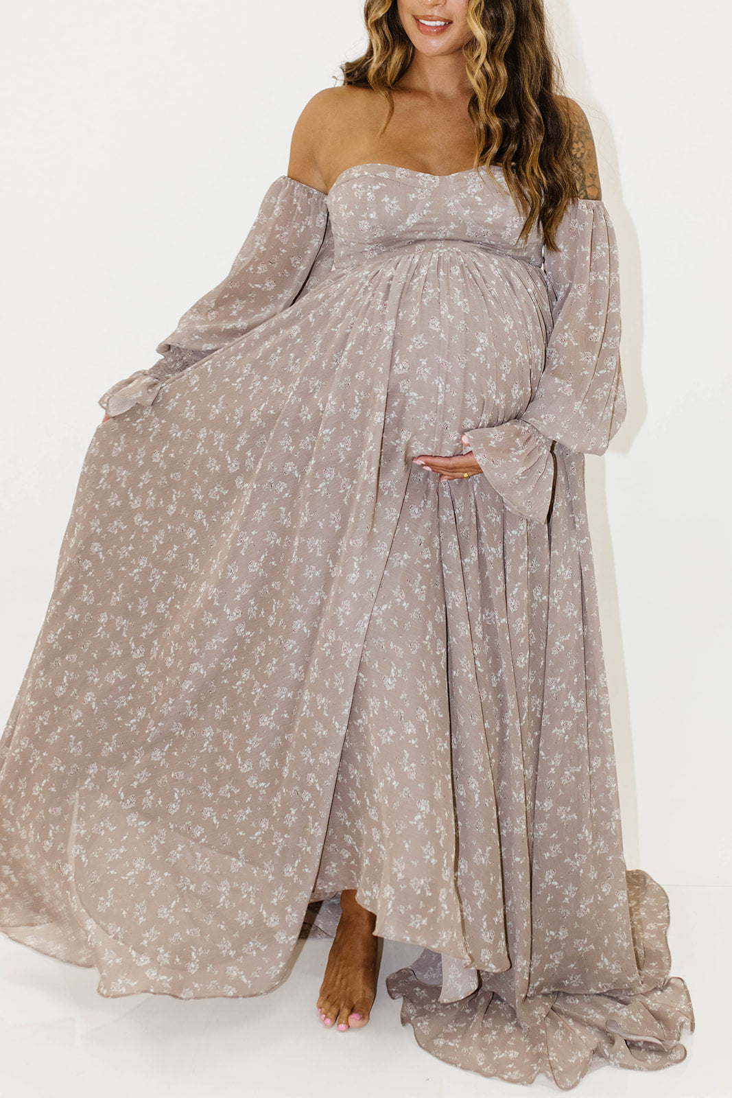 Delilah Maxi Dress with Train in Taupe - Bump Friendly