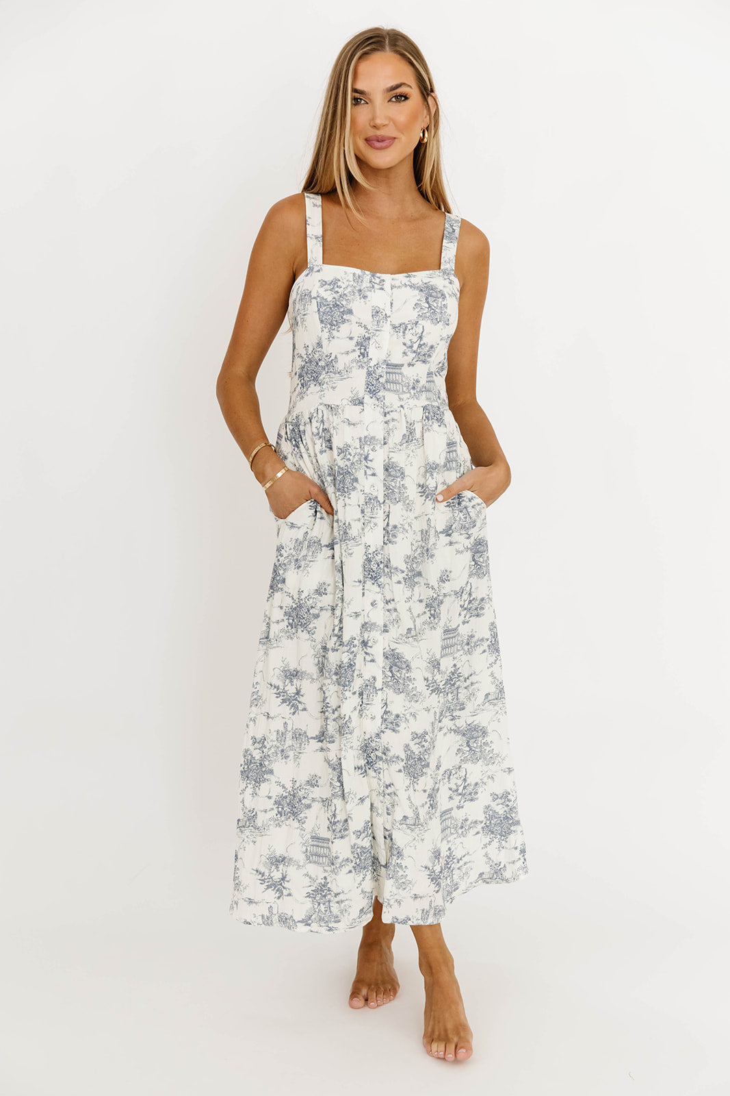 Denny Midi Dress in White/Blue *Final-Sale*