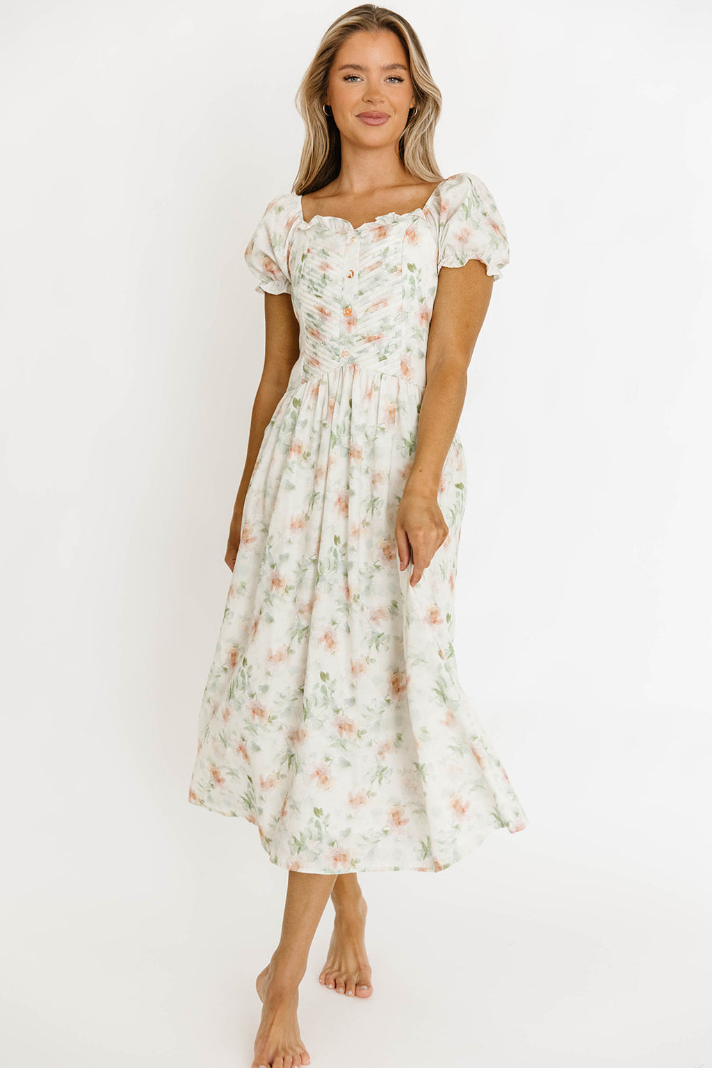Azalea Ruched Puff Sleeve Midi Dress in Ivory Floral *Final-Sale*