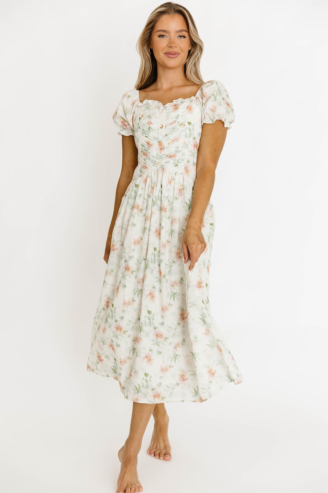Azalea Ruched Puff Sleeve Midi Dress in Ivory Floral *Final-Sale*