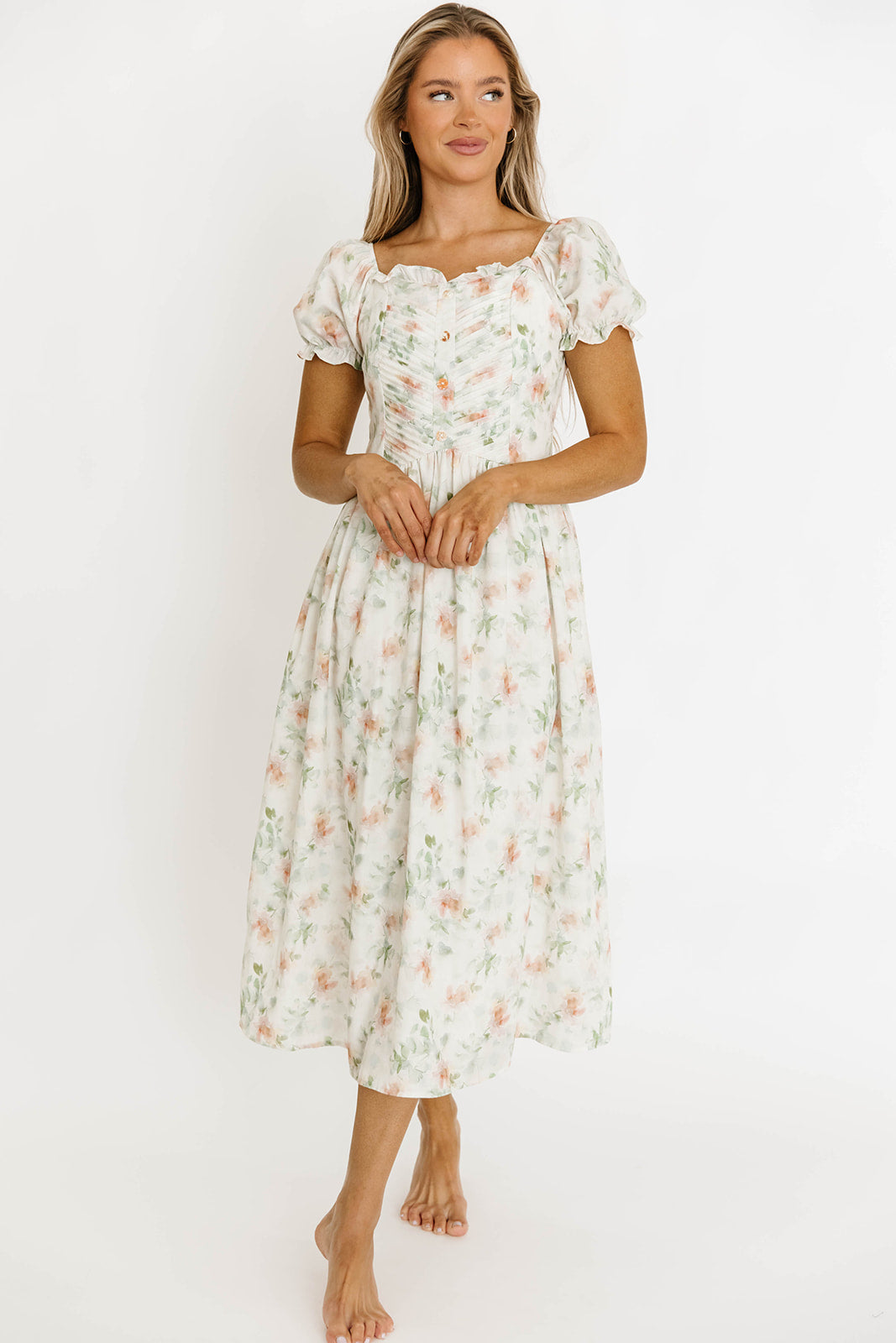 Azalea Ruched Puff Sleeve Midi Dress in Ivory Floral *Final-Sale*