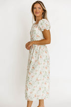 Azalea Ruched Puff Sleeve Midi Dress in Ivory Floral *Final-Sale*
