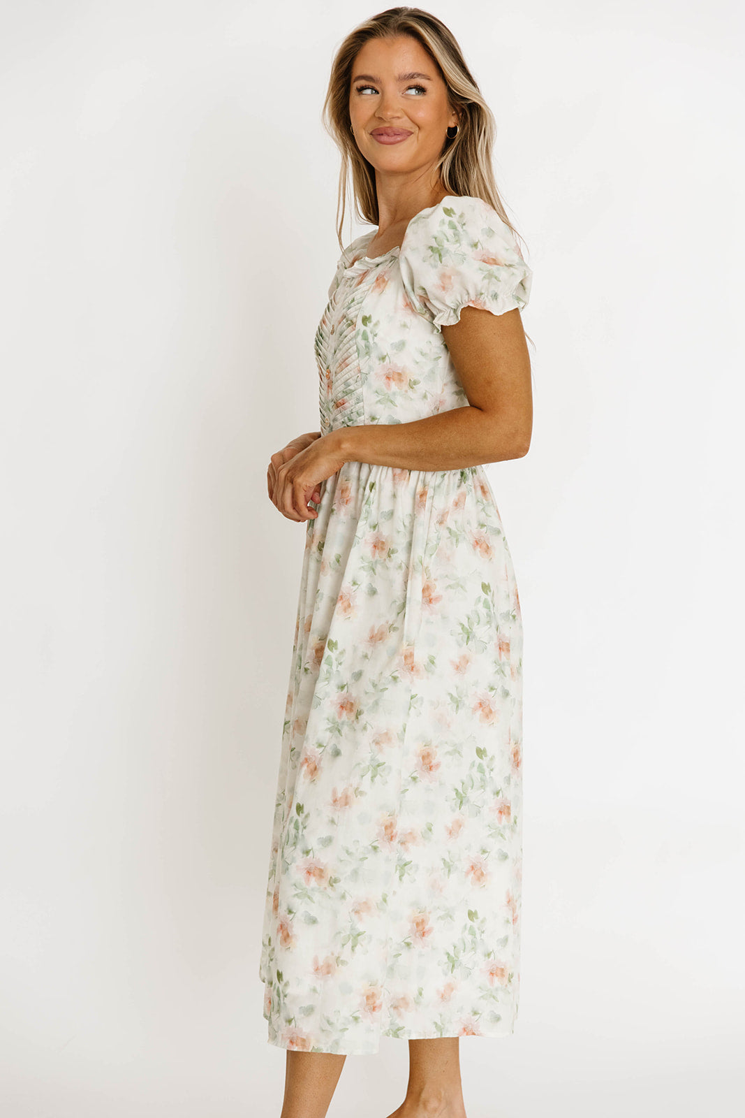 Azalea Ruched Puff Sleeve Midi Dress in Ivory Floral *Final-Sale*