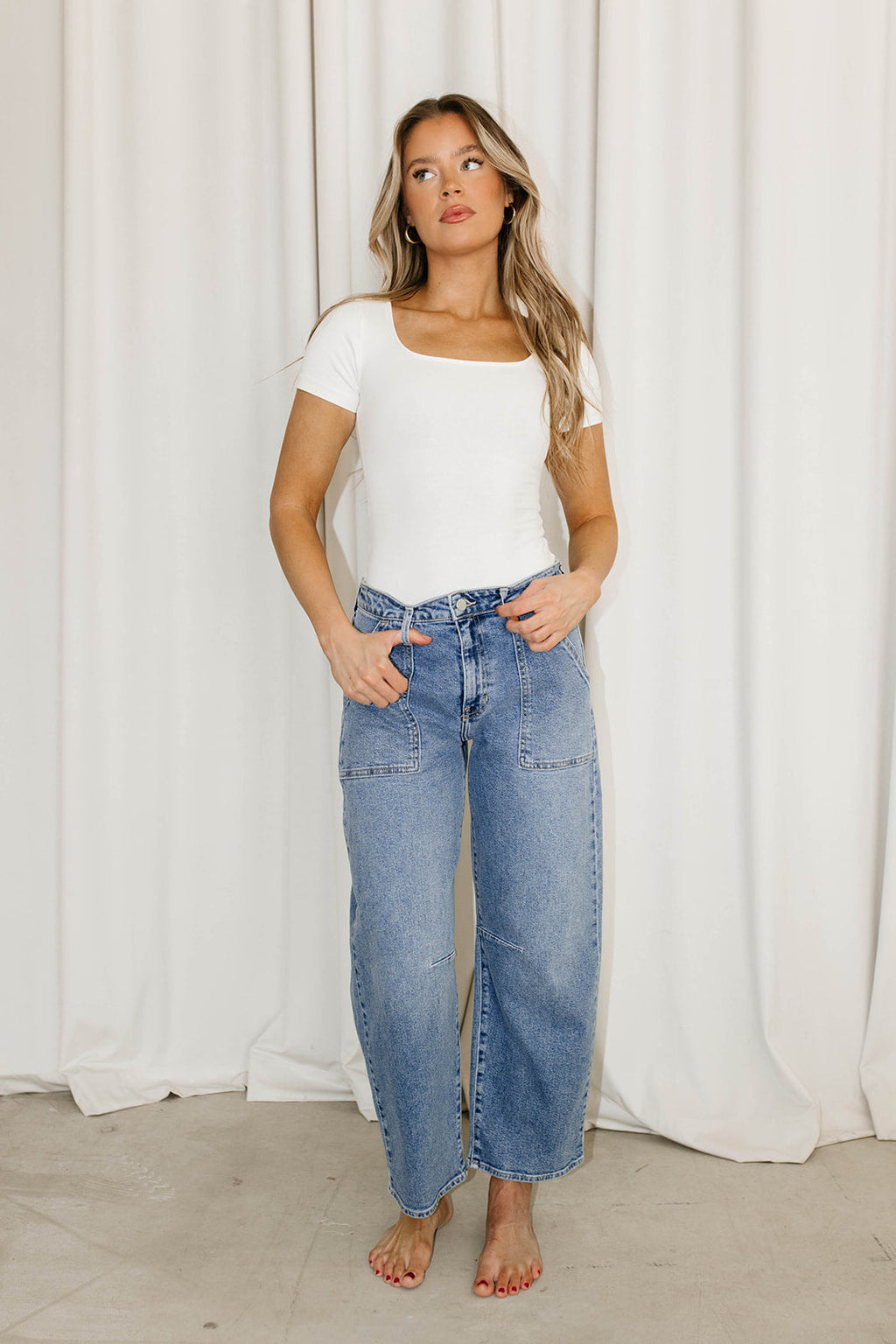 Ayla Utility Barrel Jean in Medium Wash Denim