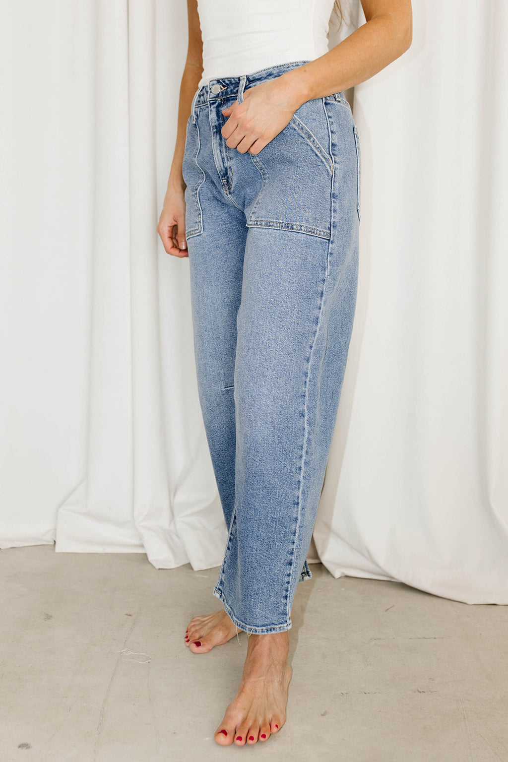 Ayla Utility Barrel Jean in Medium Wash Denim