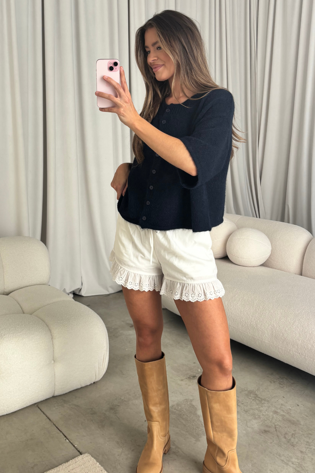 Chutney Button-Up Half Sleeve Knit Cardigan Top in Navy