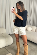 Chutney Button-Up Half Sleeve Knit Cardigan Top in Navy