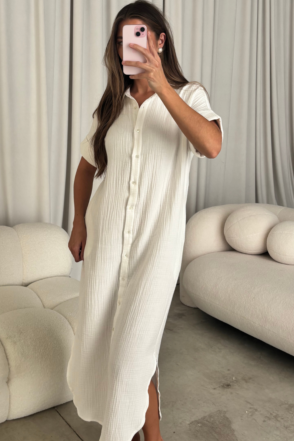 Alison Gauze Shirt Dress in White - Nursing Friendly