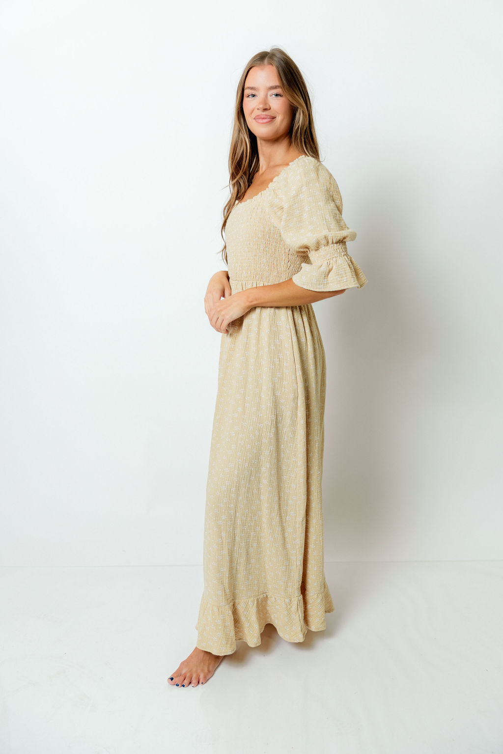 Sienna 100% Cotton Puff Sleeve Maxi Dress in Muted Gold Foliage - Bump Friendly *Final Sale*