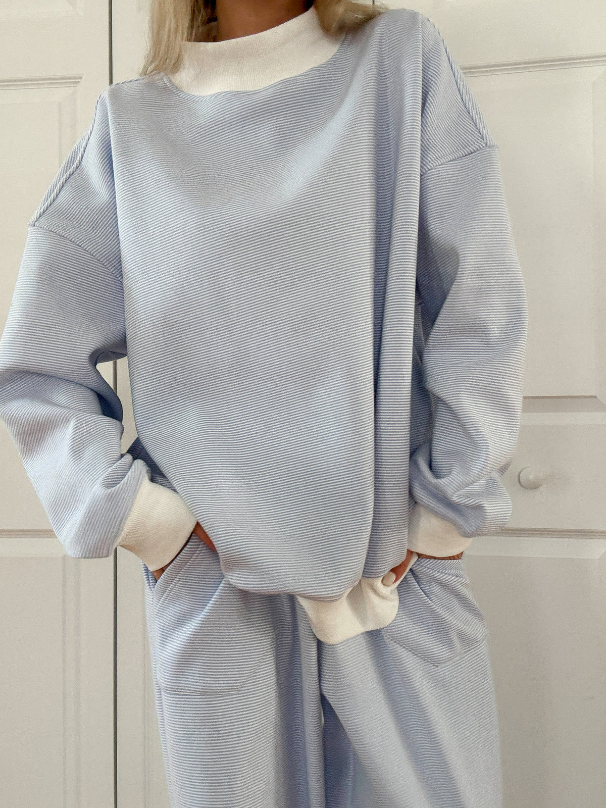 Cynthia Mini Striped Mock Neck Sweatshirt Blue and White