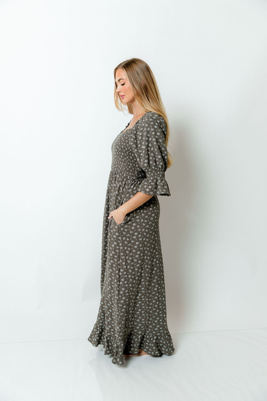 Sienna 100% Cotton Puff Sleeve Maxi Dress in Forest Foliage - Bump Friendly