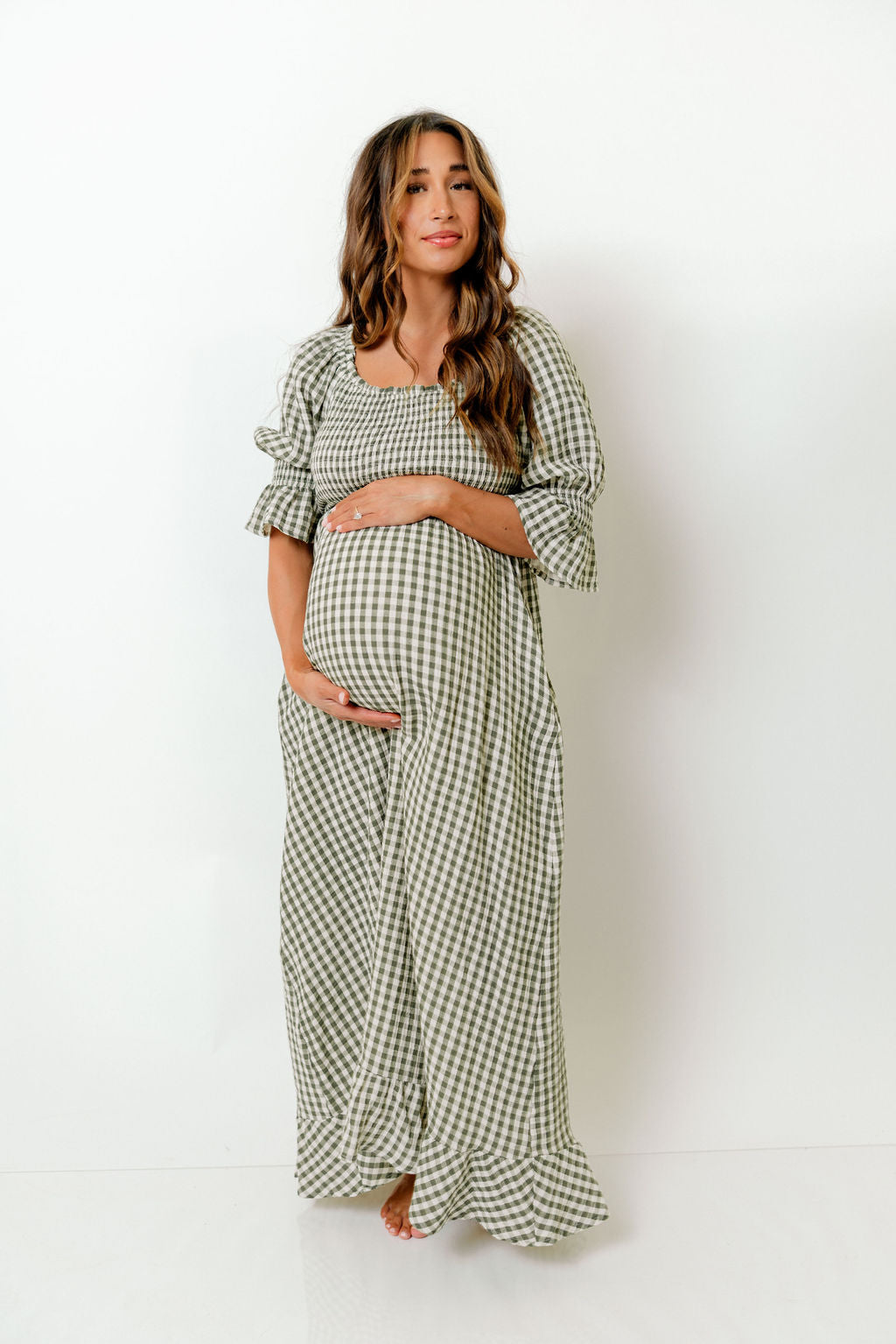Sienna 100% Cotton Puff Sleeve Maxi Dress in Forest Plaid - Bump Friendly