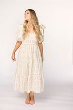 Elena 100% Cotton Toile Print Smocked Midi Dress in Light Brown- Bump Friendly