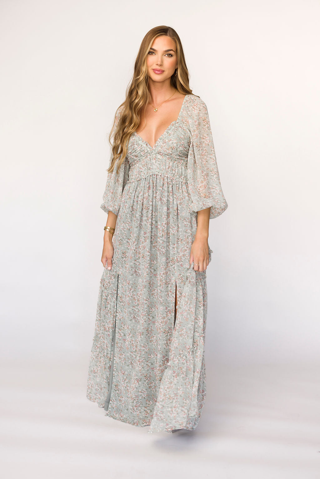 Daphne Long Sleeve Maxi Dress in Sage/Pink/Ivory Floral - Bump Friendly & Inclusive Sizing (XS-3XL)