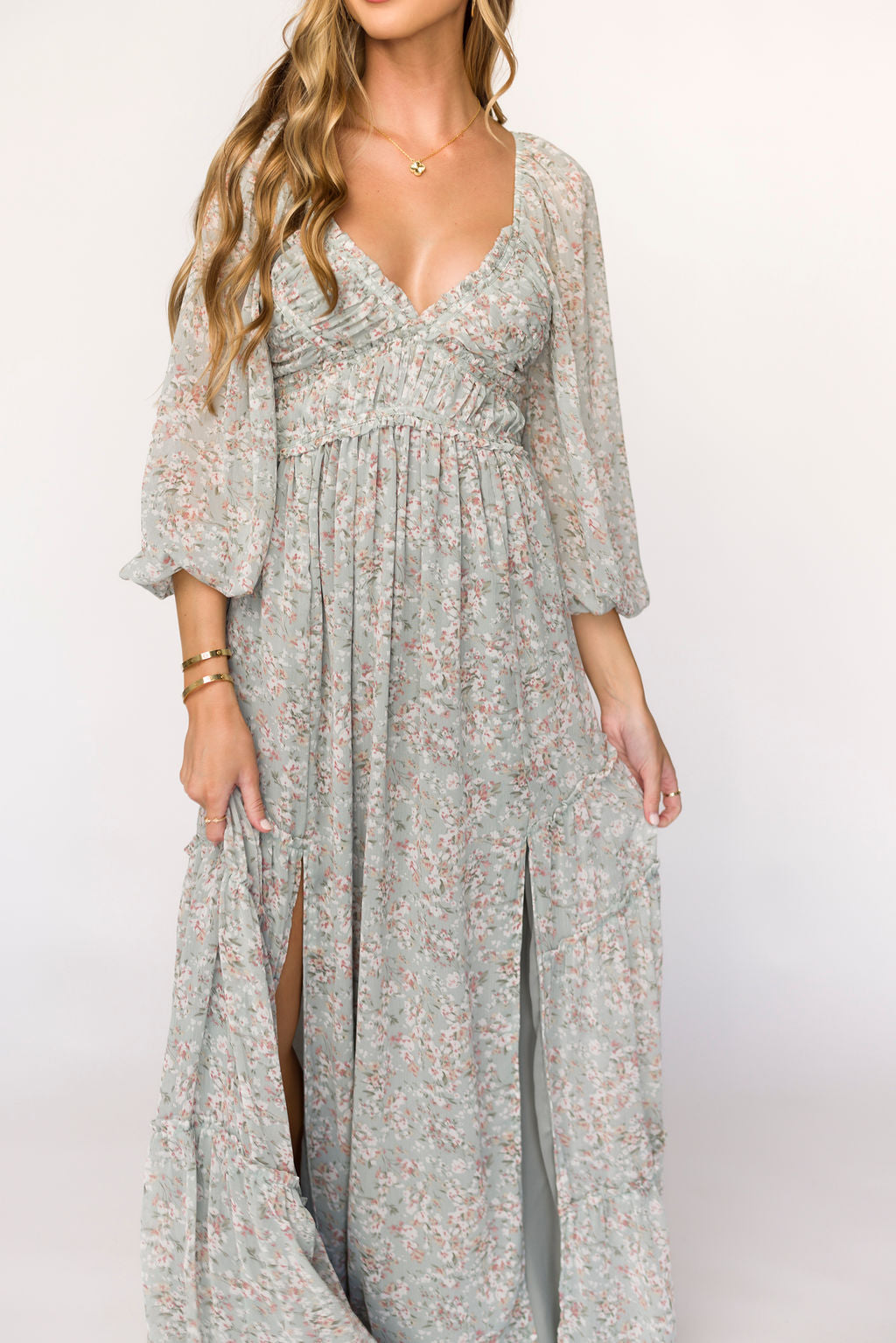 Daphne Long Sleeve Maxi Dress in Sage/Pink/Ivory Floral - Bump Friendly & Inclusive Sizing (XS-3XL)