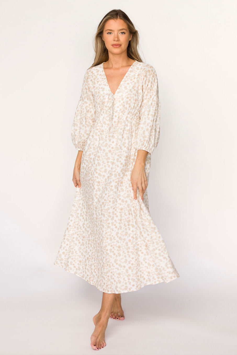 Hunter 100% Cotton Gauze Midi Dress in Natural/Fawn Floral - Bump Friendly