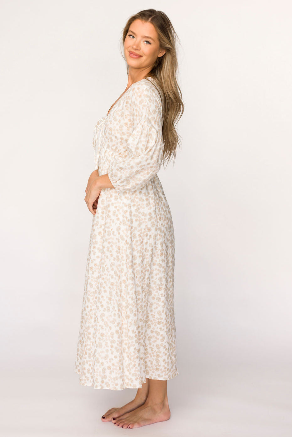 Hunter 100% Cotton Gauze Midi Dress in Natural/Fawn Floral - Bump Friendly