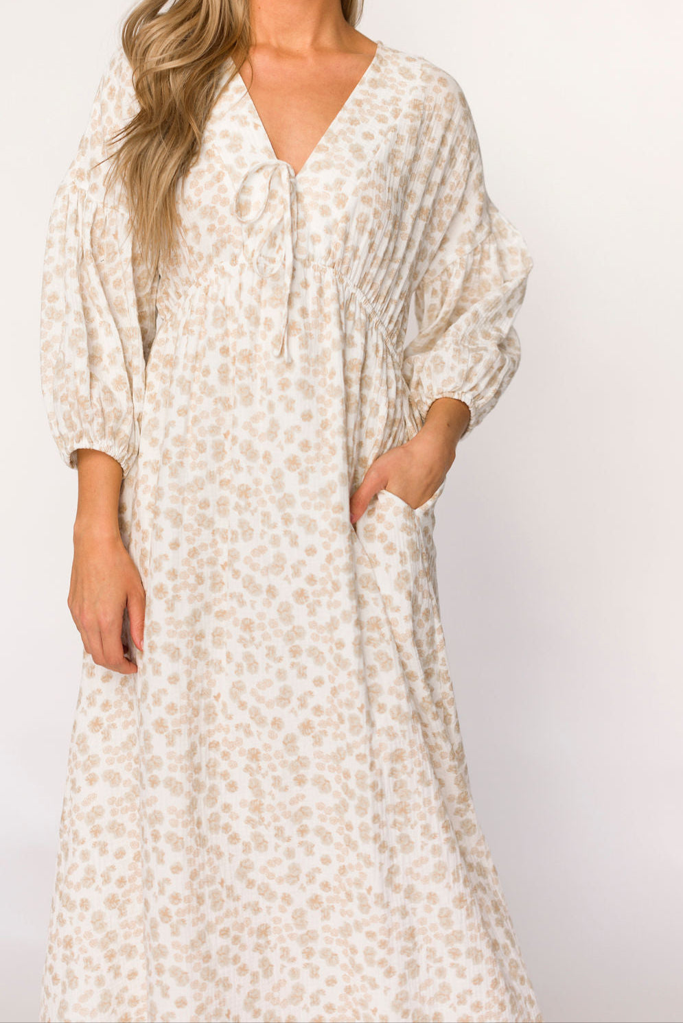Hunter 100% Cotton Gauze Midi Dress in Natural/Fawn Floral - Bump Friendly