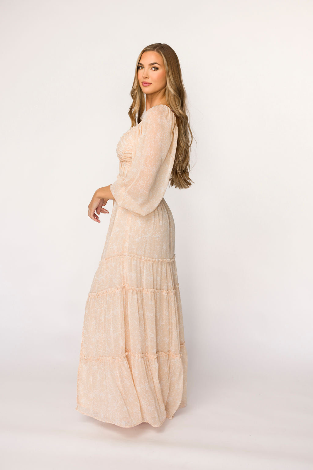 Daphne Long Sleeve Maxi Dress in Light Beige/White Floral - Bump Friendly & Inclusive Sizing (XS-3XL)