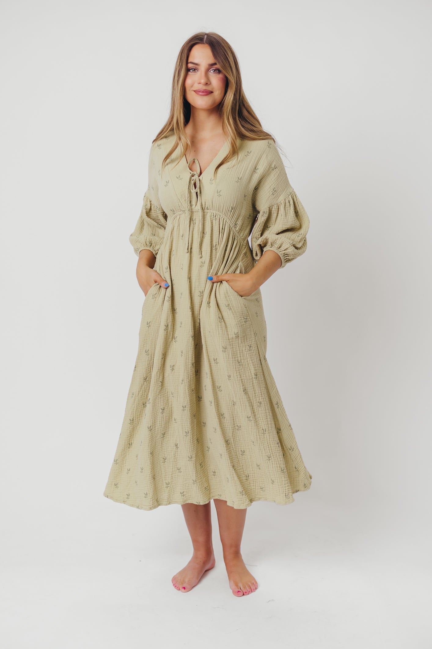 Hunter 100% Cotton Gauze Midi Dress in Thyme/Sage Foliage - Bump Friendly & Inclusive Sizing (XS-3XL)