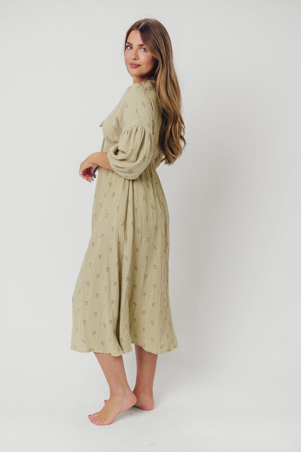 Hunter 100% Cotton Gauze Midi Dress in Thyme/Sage Foliage - Bump Friendly & Inclusive Sizing (XS-3XL)