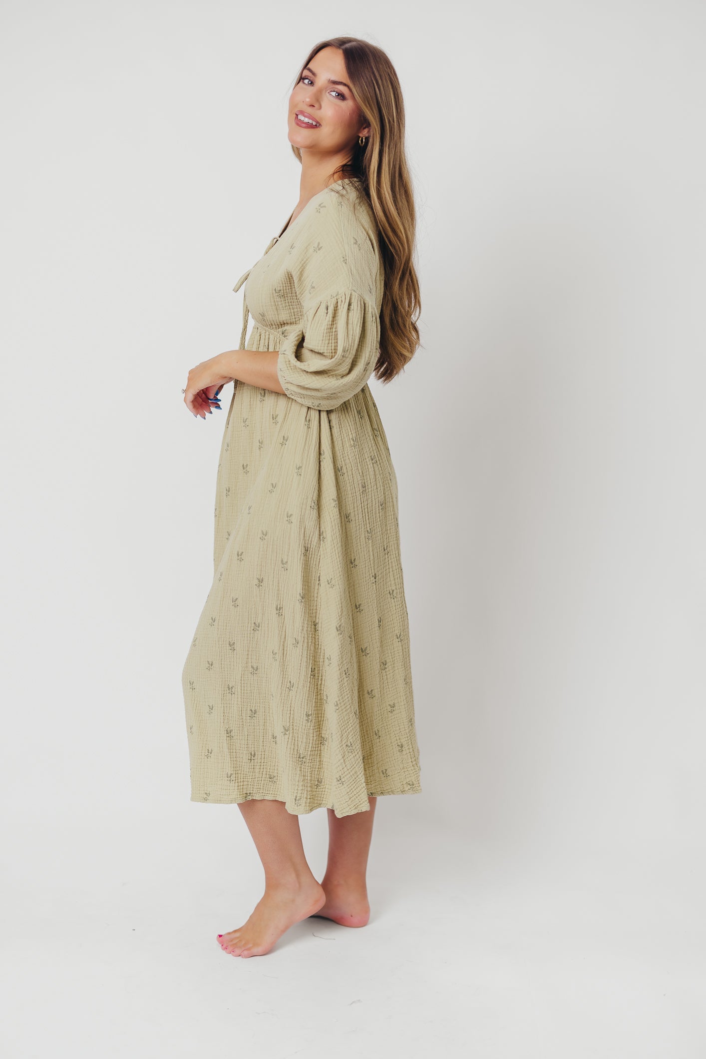 Hunter 100% Cotton Gauze Midi Dress in Thyme/Sage Foliage - Bump Friendly & Inclusive Sizing (XS-3XL)