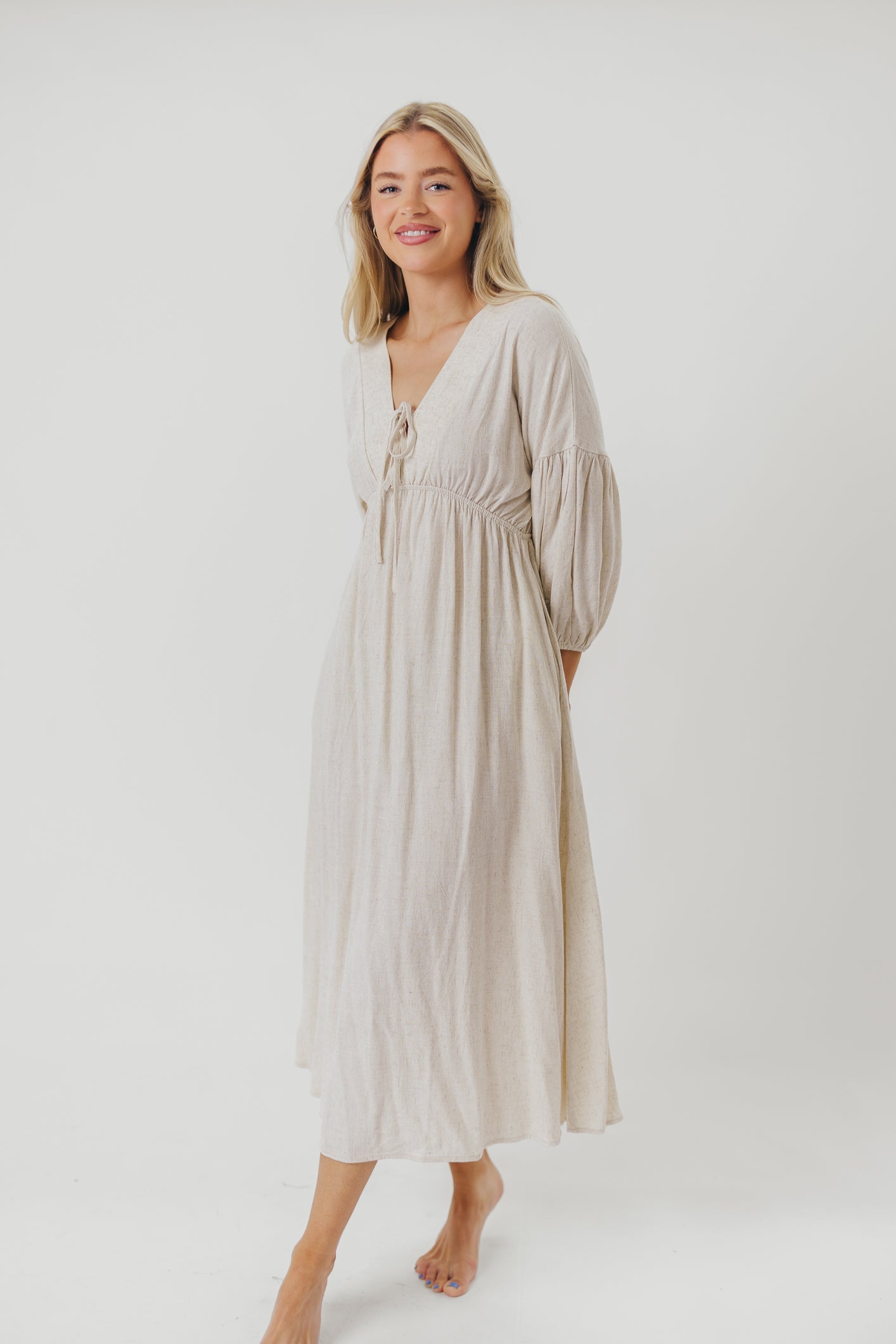 Hunter Linen-Blend Midi Dress in Greige - Bump Friendly