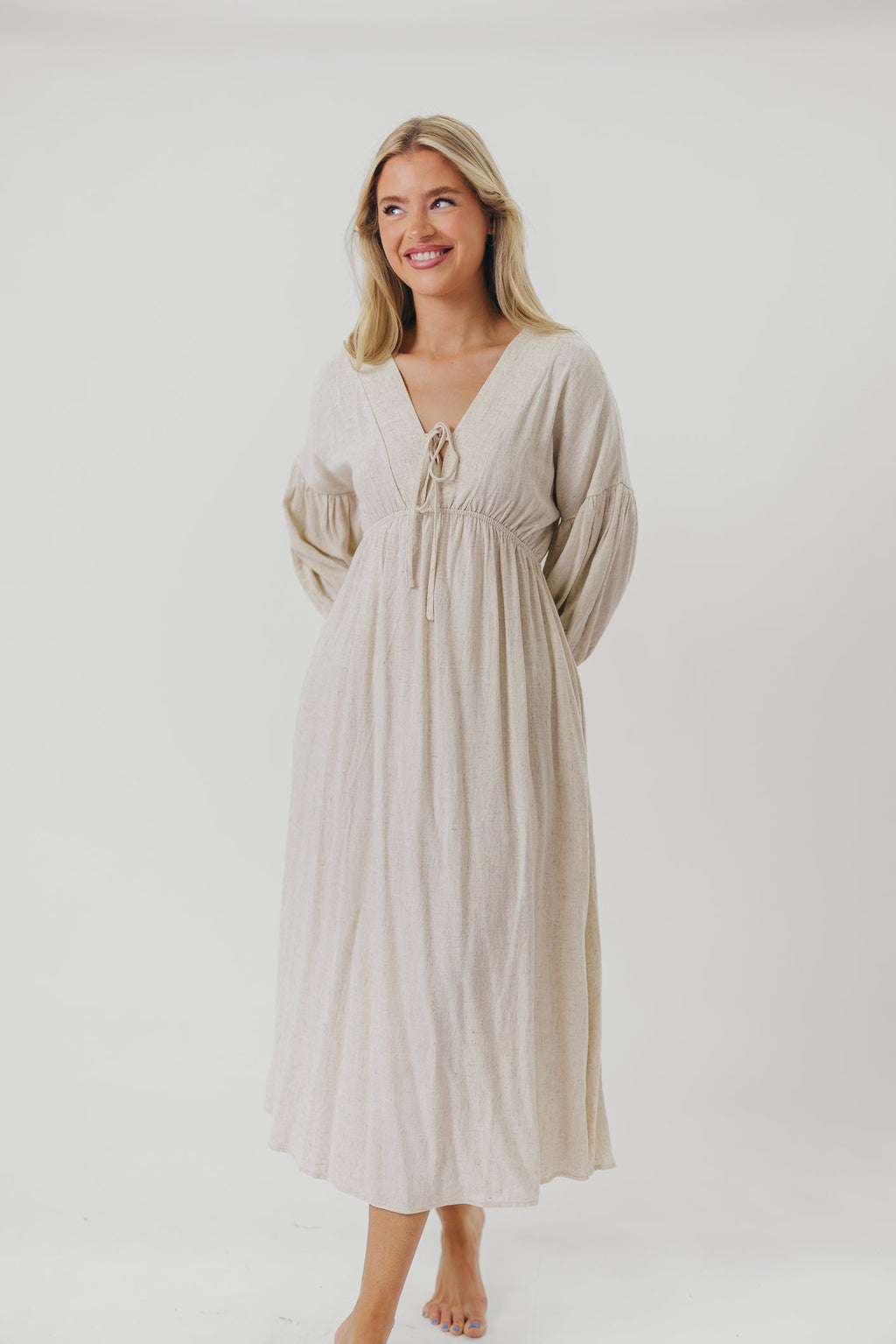 Hunter Linen-Blend Midi Dress in Greige - Bump Friendly