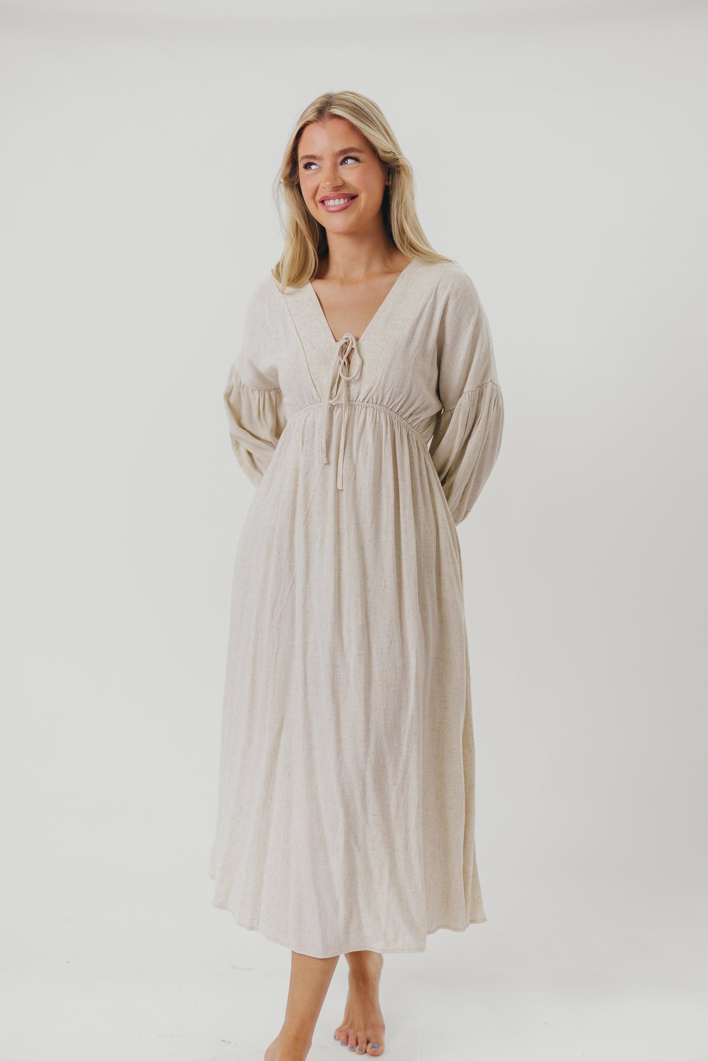 Hunter Linen-Blend Midi Dress in Greige - Bump Friendly